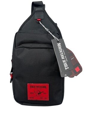True Religion Black Sling Bag with Red Patch